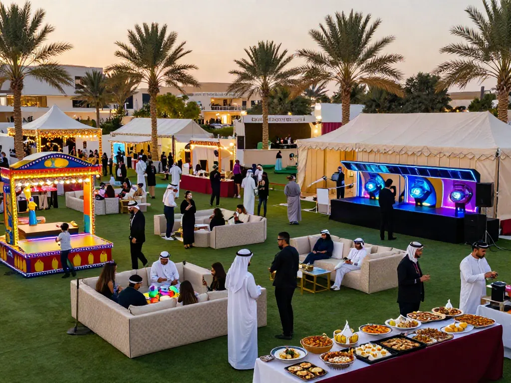 Engaging outdoor event rentals showcasing luxurious tents, games, and cuisine in Riyadh.