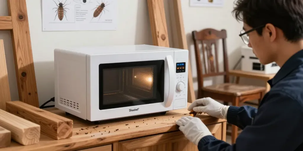 SHASHEL® microwave device effectively eliminating wood-boring insects in a professional workshop setting.