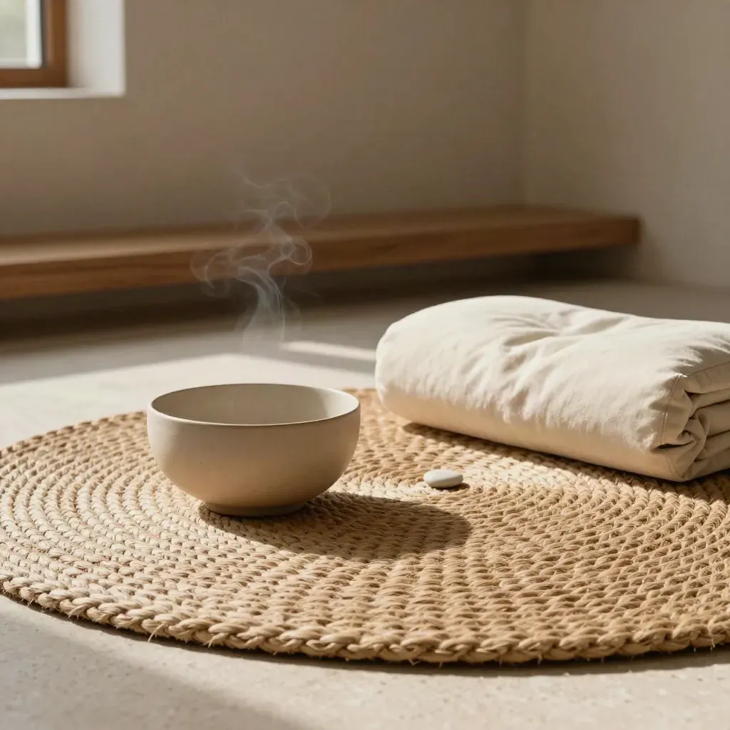 Mindfulness corner with mat, stones, bowl, bolster and incense haze on travertine.