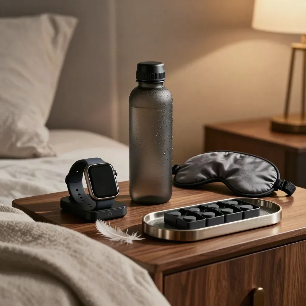 Smartwatch dock, hydration bottle, sleep mask, pill caddy and stone tray on a bedside table.