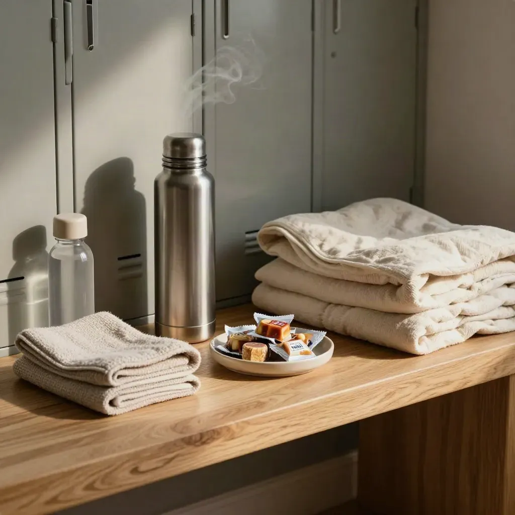 Thermos, water bottle, cooling towel, snack tin and blanket on a nurse recovery bench