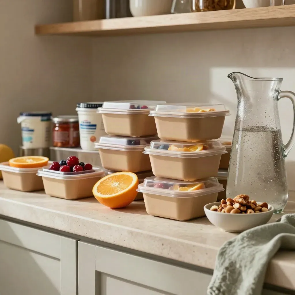 Chilled meal prep counter with covered boxes, fruit, yogurt jars, nuts and a pitcher