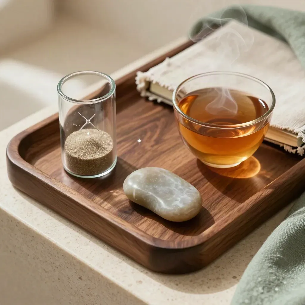 Macro still life of a glass timer, worry stone, linen journal and steaming tea on a walnut tray.